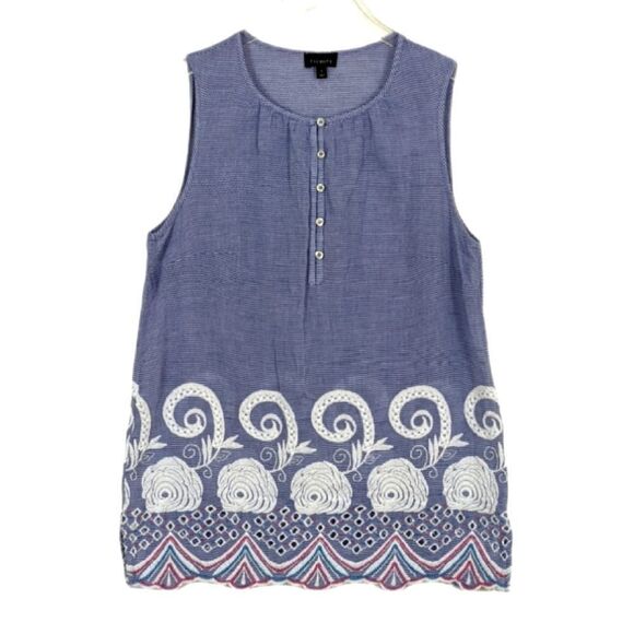 Talbots Blue Striped Embroidered Sleeveless Chambray Top Women's Small - Picture 1 of 7